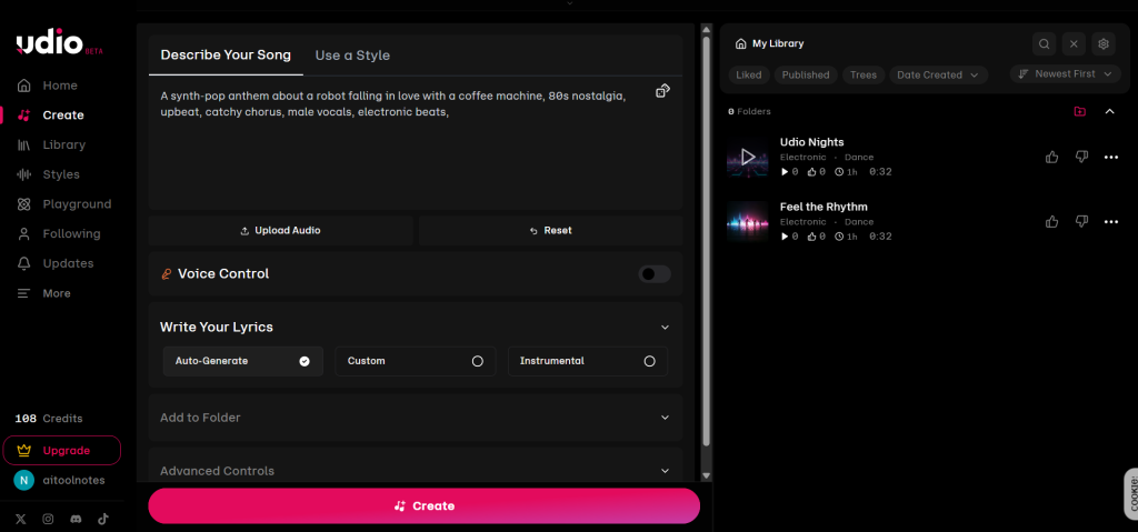 Udio AI music generator interface showing the "Describe Your Song" prompt box with a specific text prompt for a synth-pop song, "Auto-Generate" lyrics selected, and 108 credits remaining.