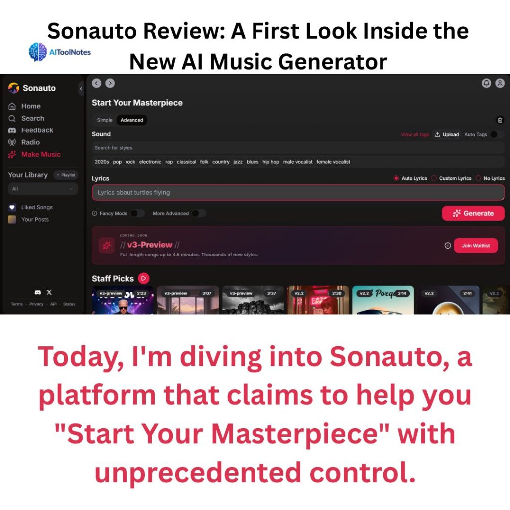 Featured image for Sonauto review by AIToolNotes, displaying the advanced music generation dashboard and the headline "A First Look Inside the New AI Music Generator."