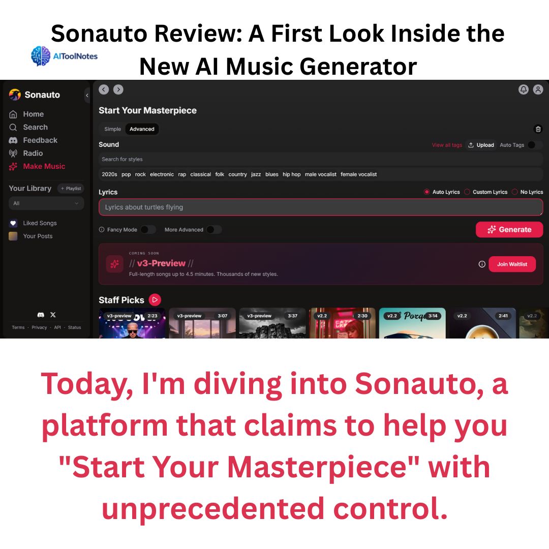 Featured image for Sonauto review by AIToolNotes, displaying the advanced music generation dashboard and the headline "A First Look Inside the New AI Music Generator."