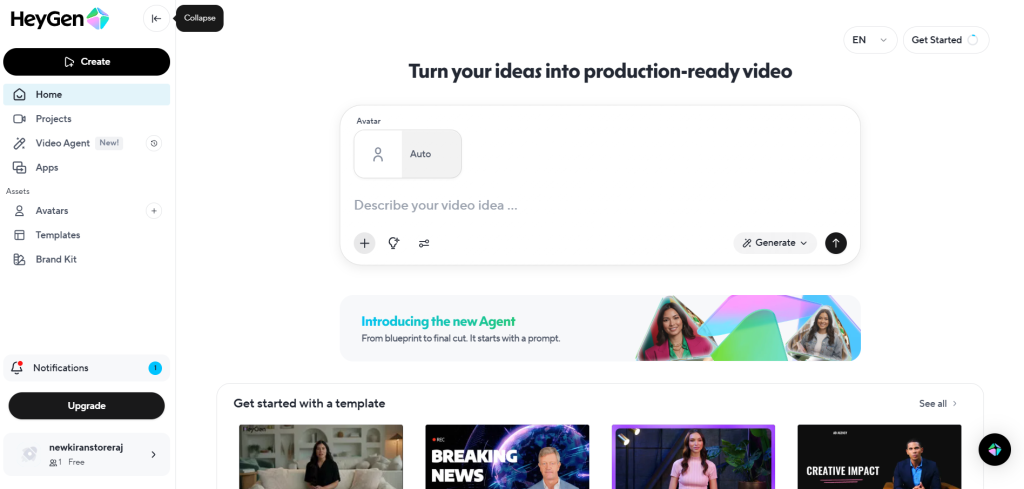 HeyGen dashboard showing the 'Turn your ideas into production-ready video' prompt box and sidebar navigation.