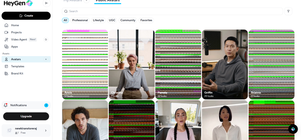 HeyGen Avatar library showing various AI presenters.