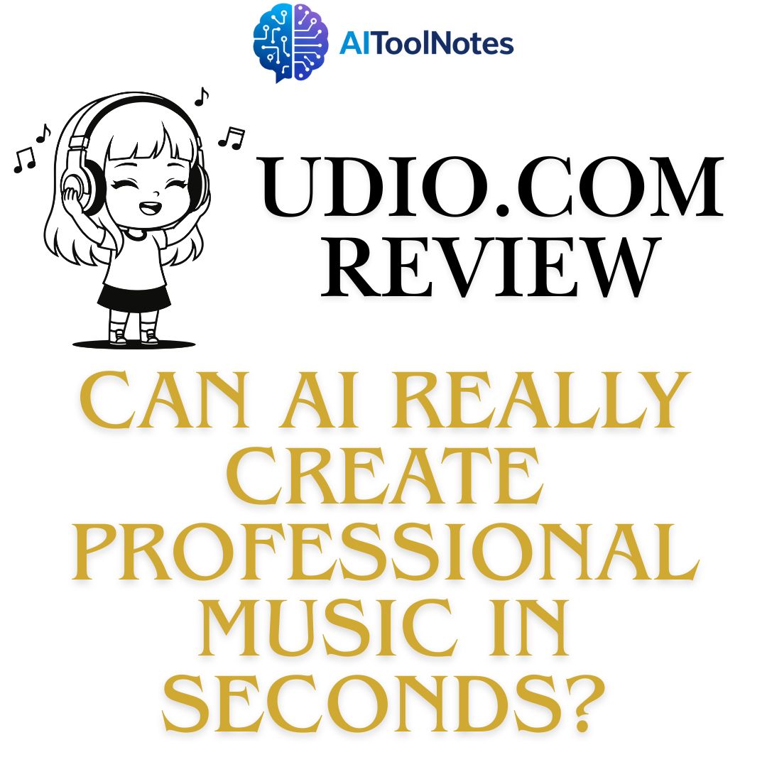Featured image for Udio.com Review titled "Can AI Really Create Professional Music in Seconds?" with an illustration of a girl listening to headphones and the AIToolNotes logo.