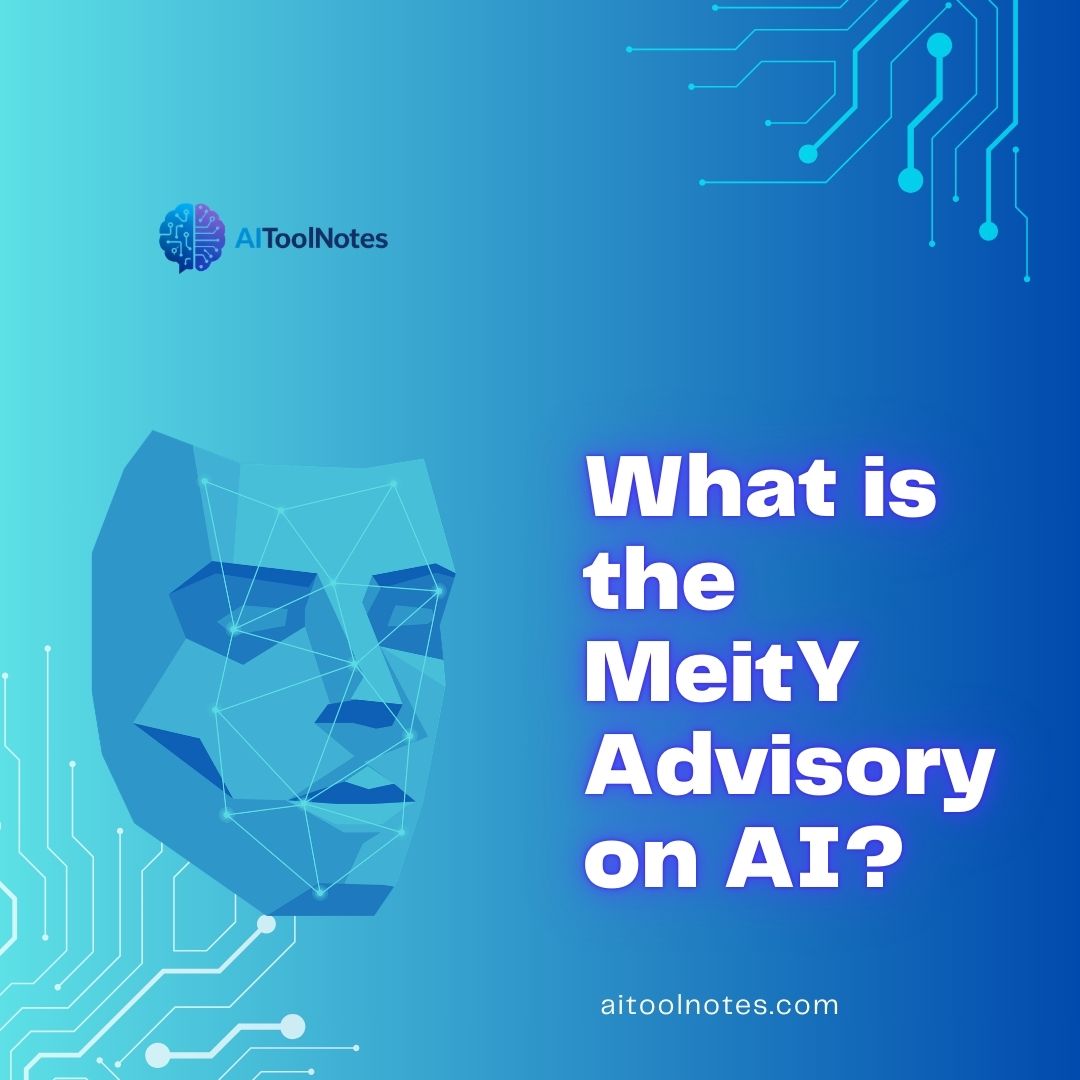 Illustration of an AI-generated human face with digital network lines and circuit patterns representing MeitY advisory on AI regulation in India