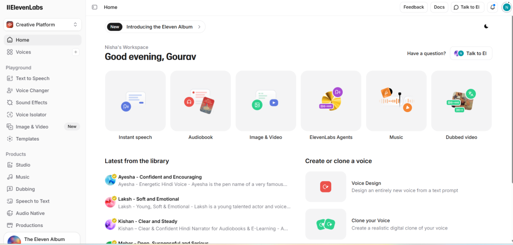 ElevenLabs user dashboard 2026 showing the "Speech Synthesis" and "Voice Cloning" tools, with the sidebar navigation menu for a free account.