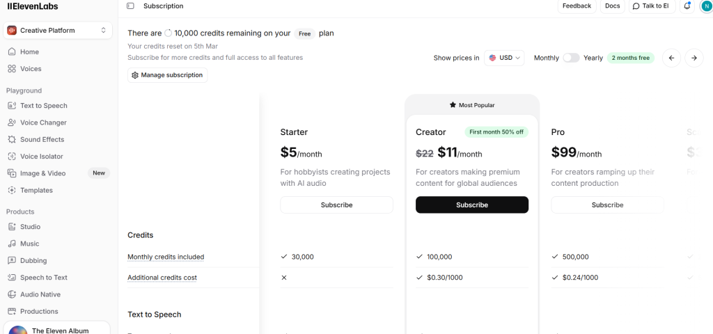 ElevenLabs pricing plans 2026 breakdown, showing the Free Plan (10,000 credits), Starter Plan ($5), and the 50% discount on the Creator Plan ($11/mo).